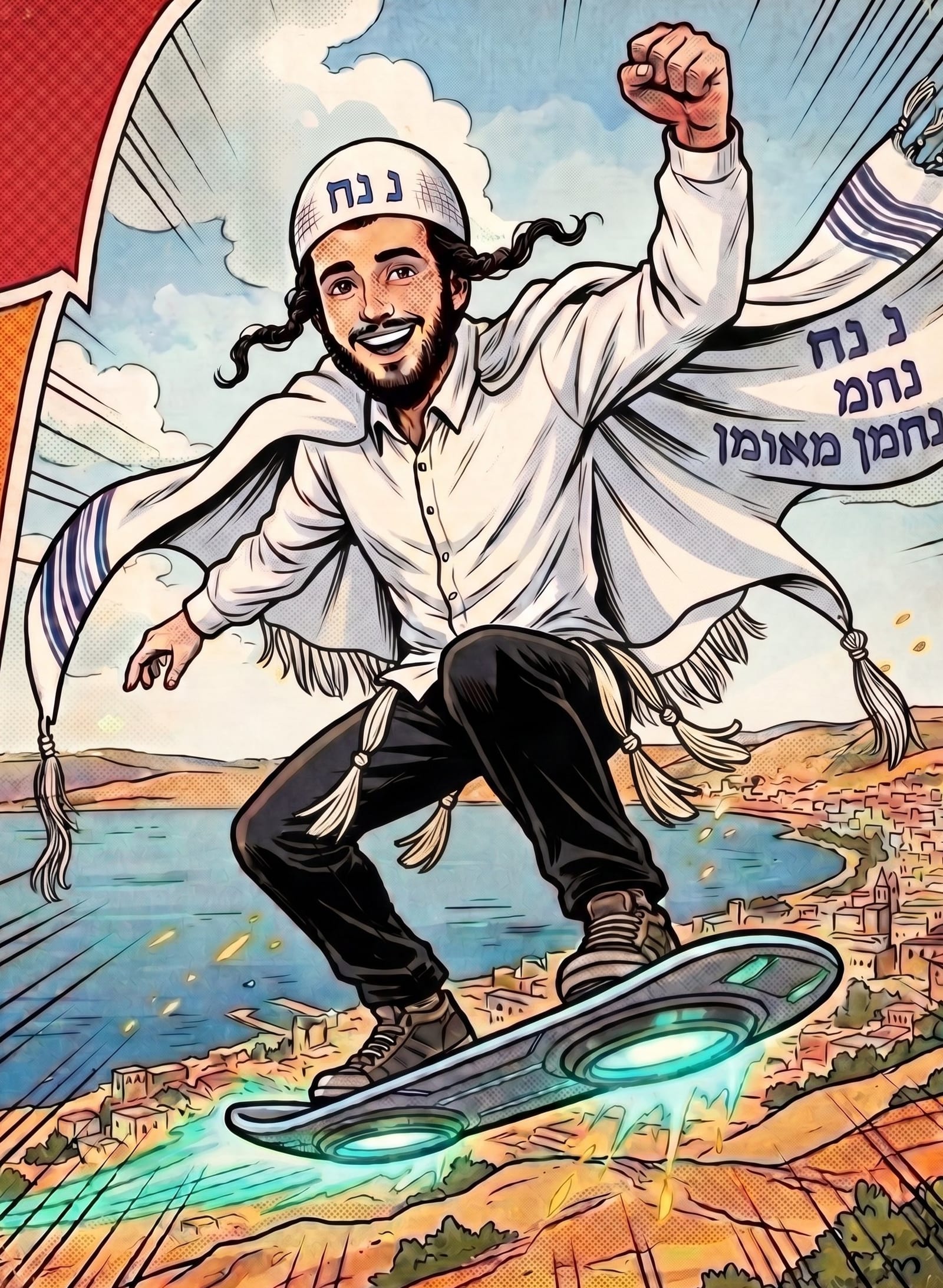סופר נ נח — חסיד צעיר ושמח בכיפה לבנה גדולה, פאות וציציות מתנופפות, מזנק על סקייטבורד מרחף מעל הכנרת וטבריה